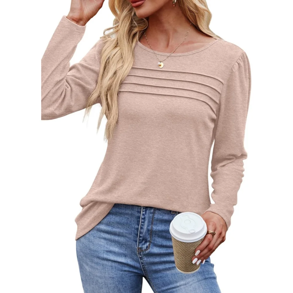 OFEEFAN Long Sleeve Pleated Scoop Neck Tan Tunic Top - Picture 2 of 4